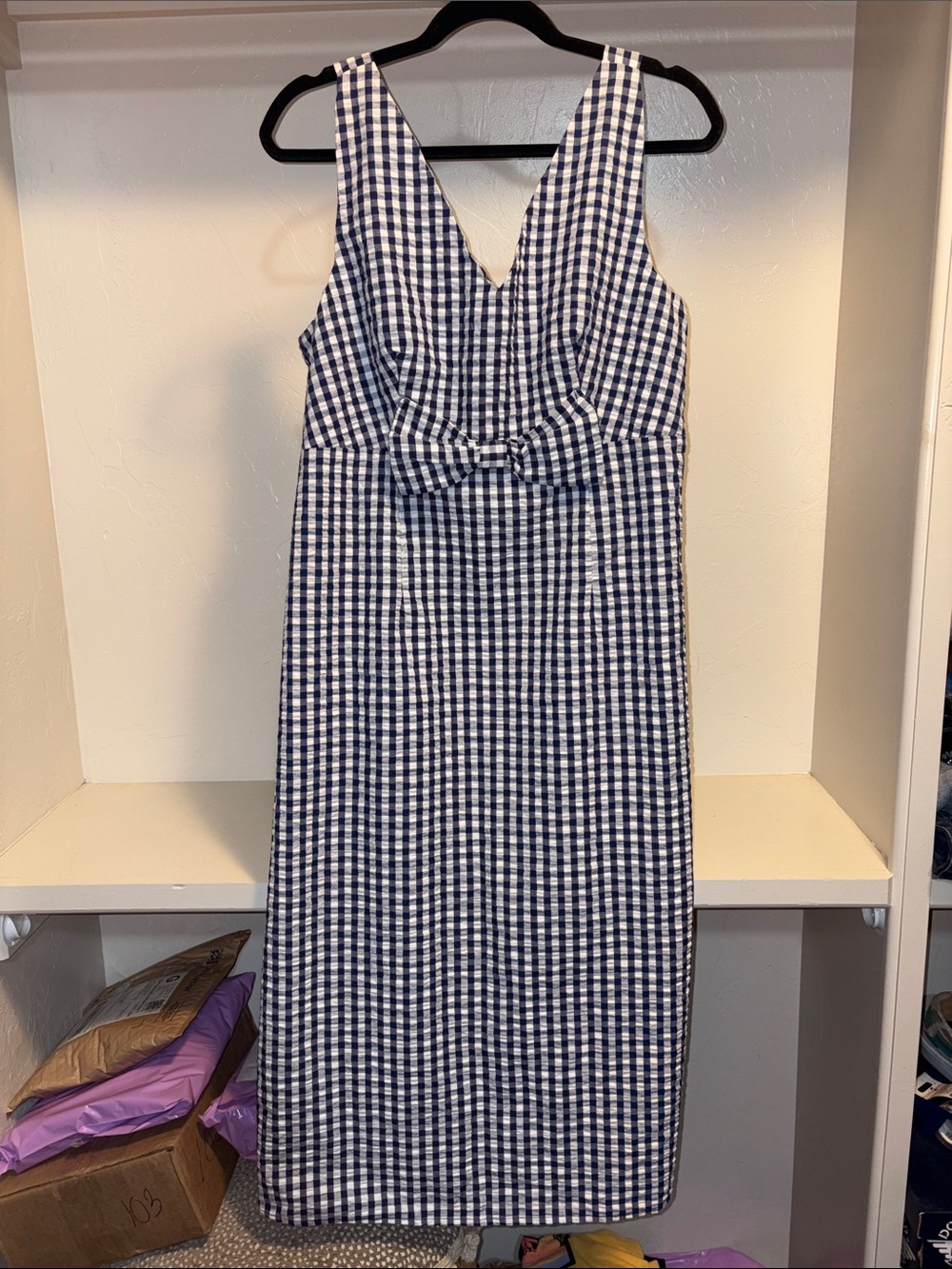 Navy and White Gingham Midi Dress with Front Knot Detail